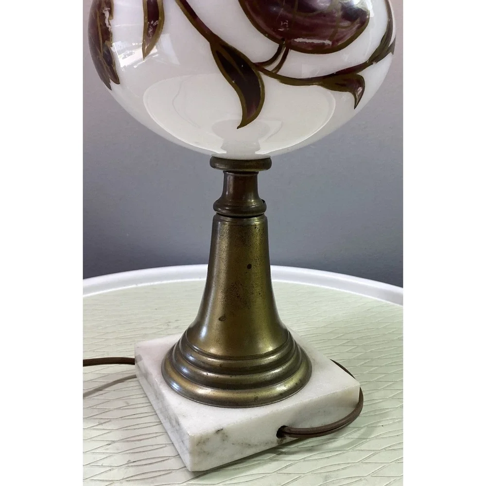Vintage White Milk Glass&brass Desk Lamp-Hand Painted‎ Floral Marble Base 17